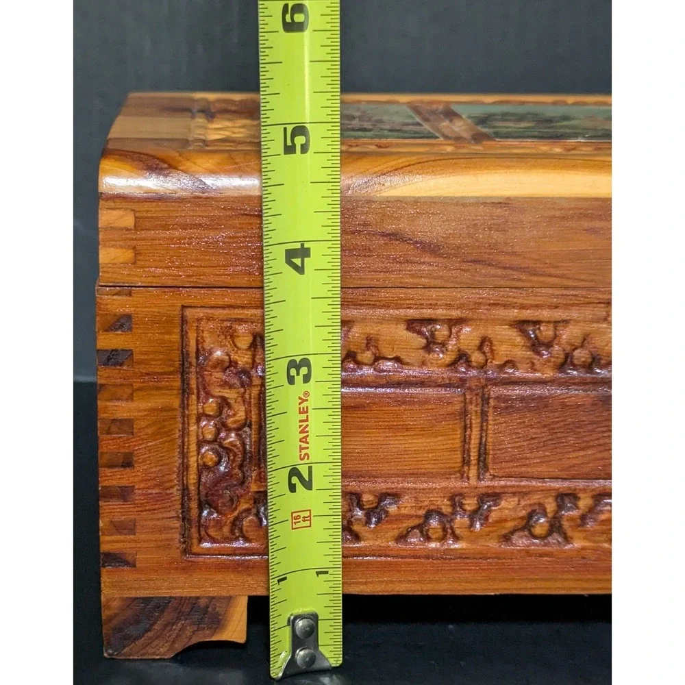 Vintage Hand Carved Cedar Wood Jewelry Keepsake Box Cottage Landscape 11